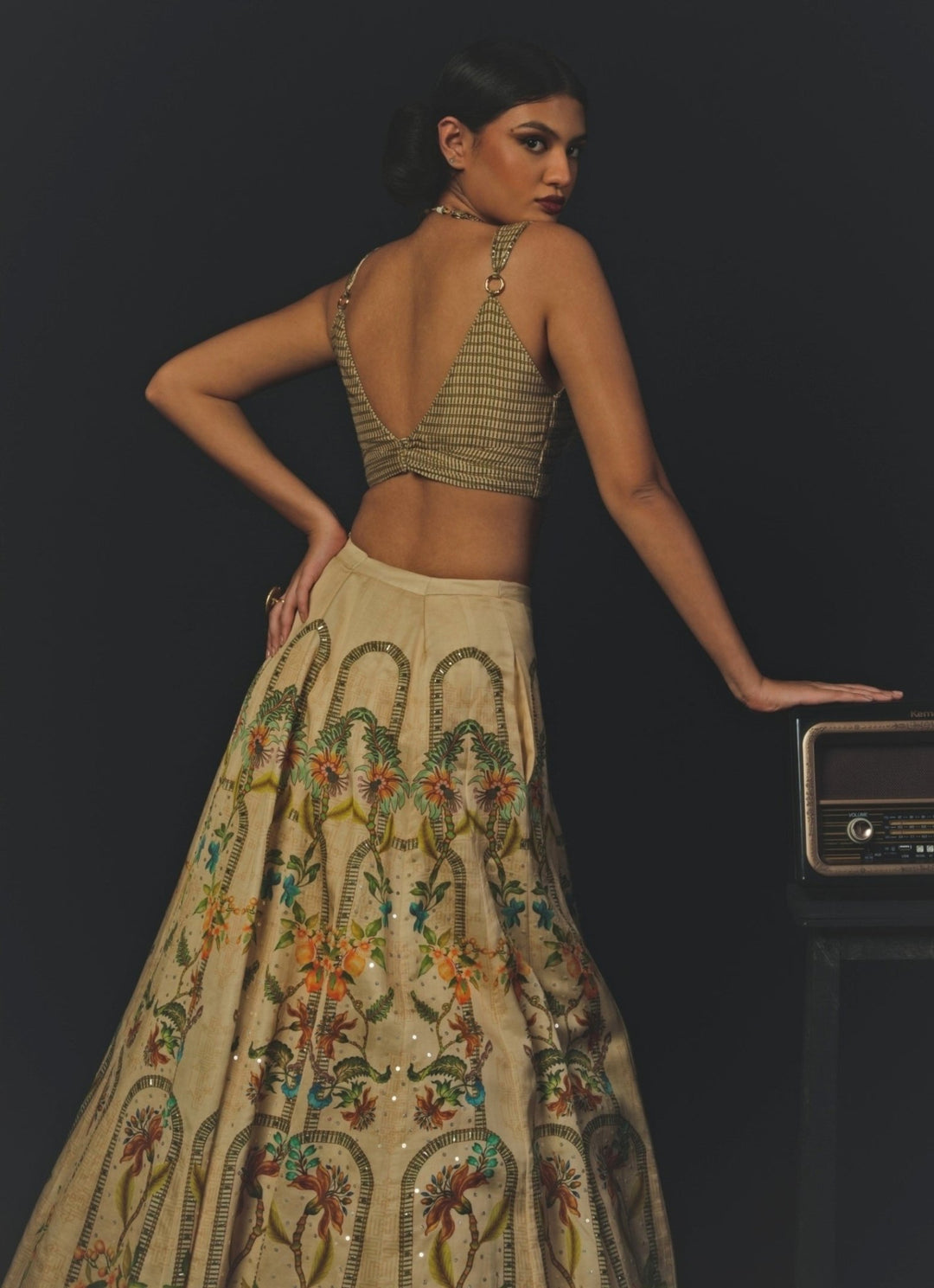 Beige Linen Satin Lehenga Set With Jacket Basil Leaf - Fabilicious Fashion