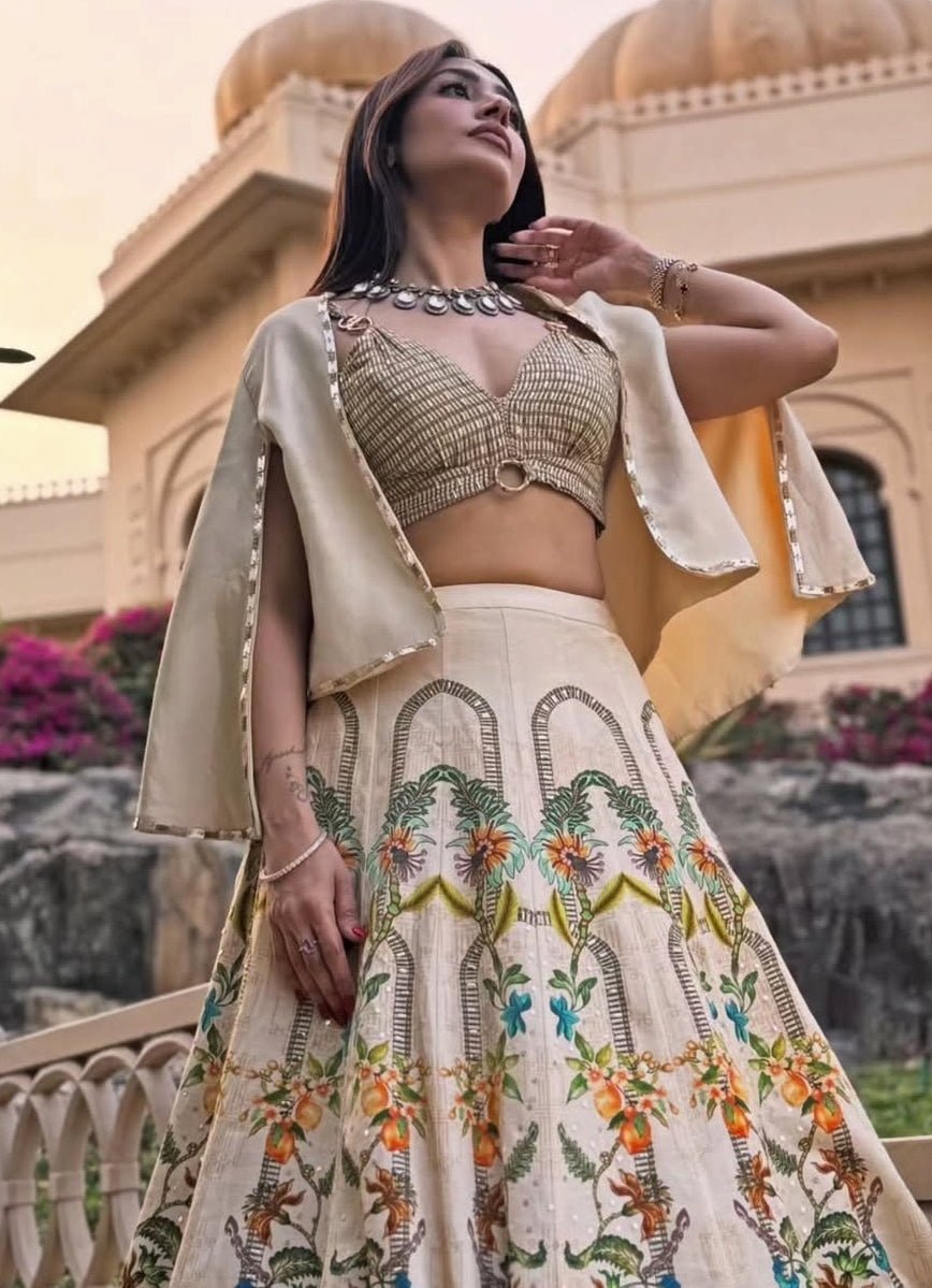 Basil Leaf Beige Linen Satin Lehenga Set With JacketFabilicious Fashion