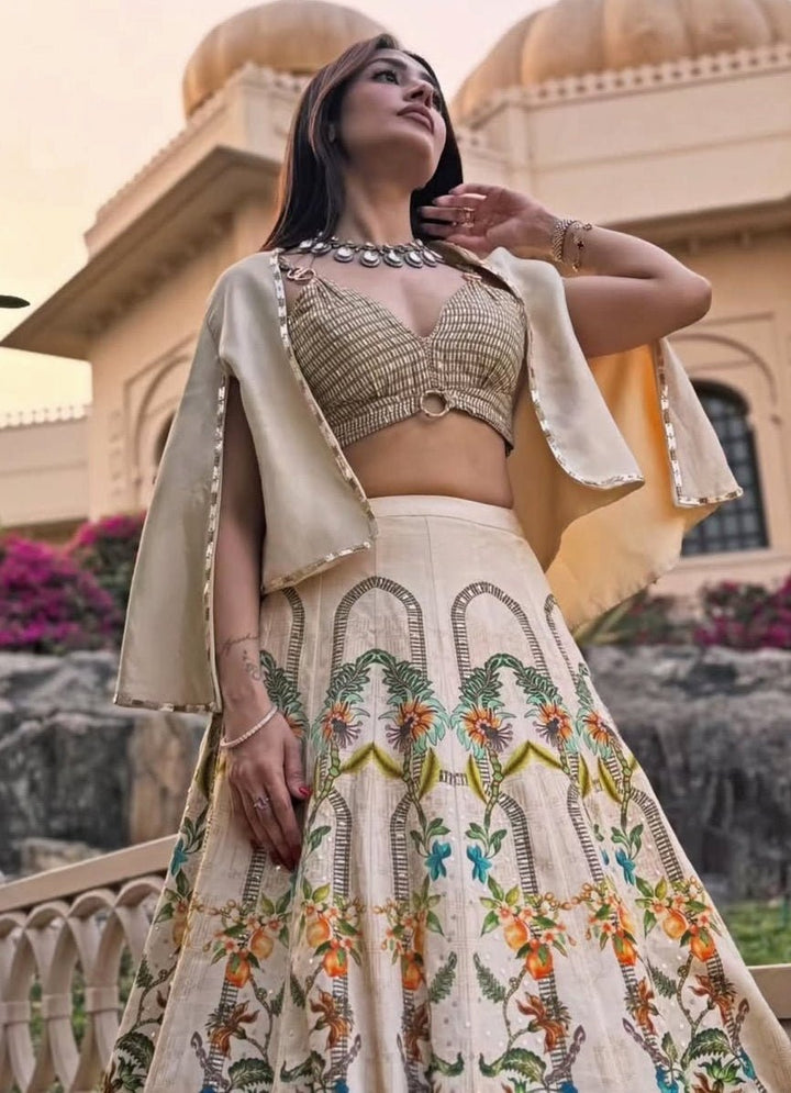 Basil Leaf Beige Linen Satin Lehenga Set With JacketFabilicious Fashion