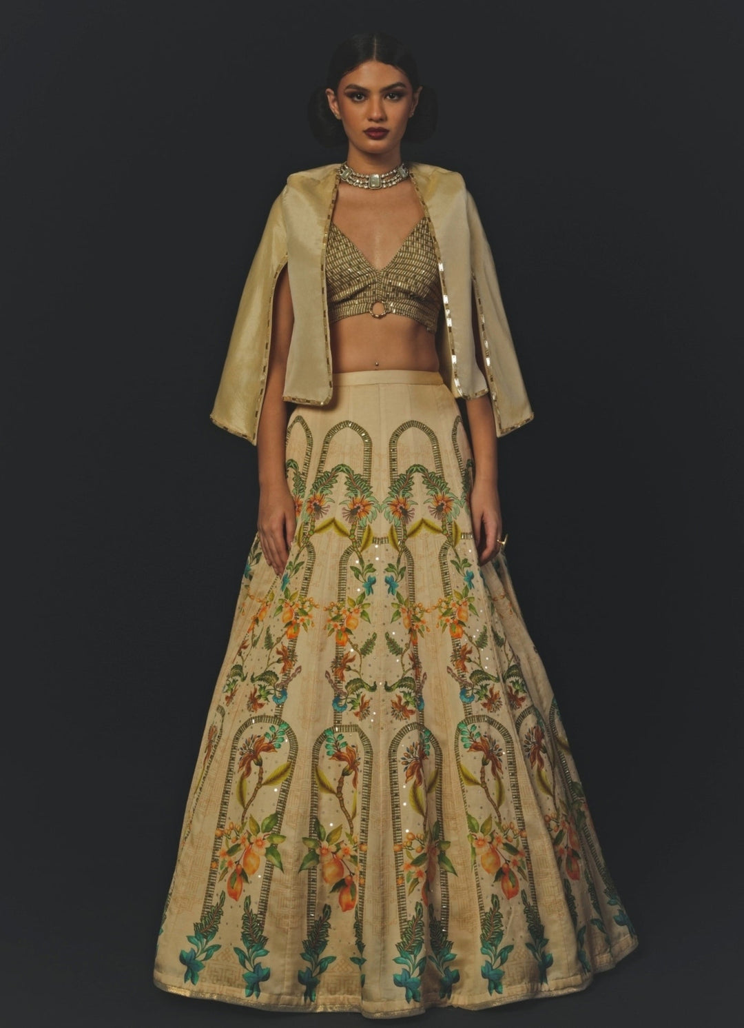 Beige Linen Satin Lehenga Set With Jacket Basil Leaf - Fabilicious Fashion