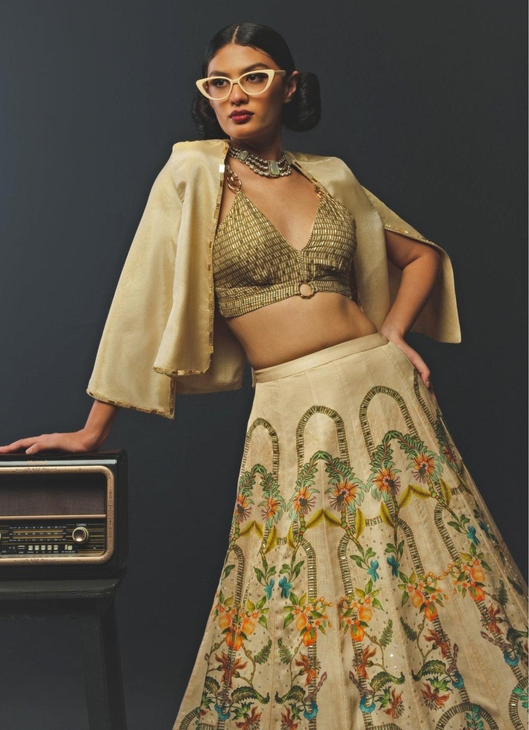 Beige Linen Satin Lehenga Set With Jacket Basil Leaf - Fabilicious Fashion