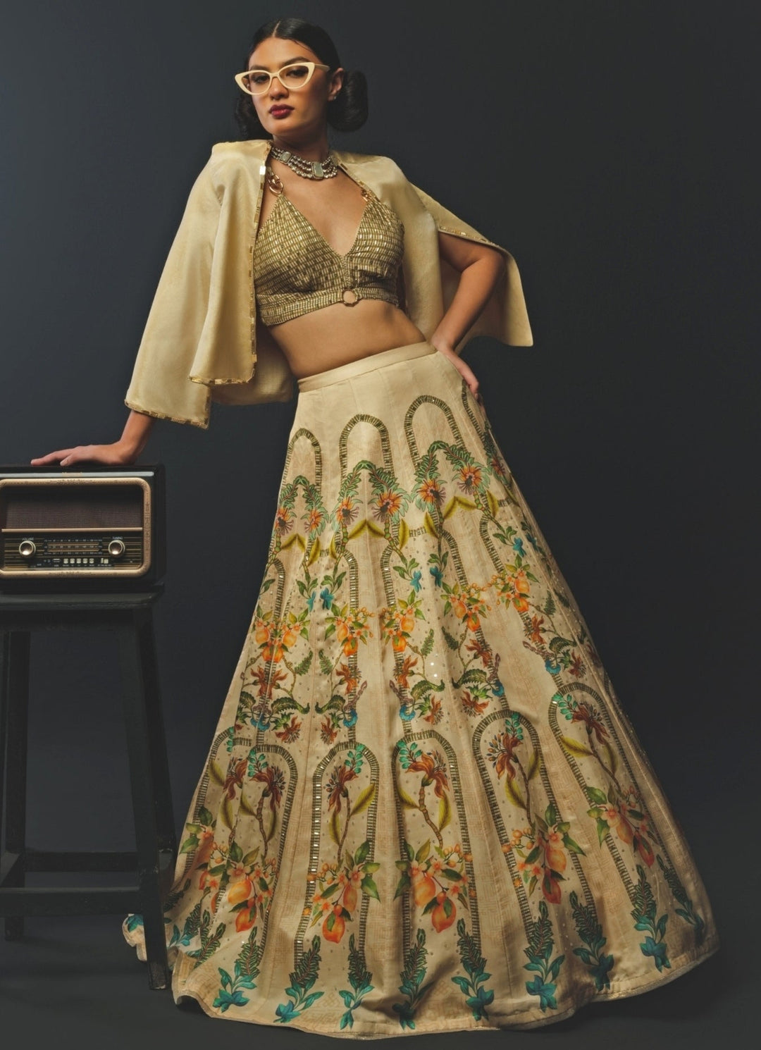Beige Linen Satin Lehenga Set With Jacket Basil Leaf - Fabilicious Fashion