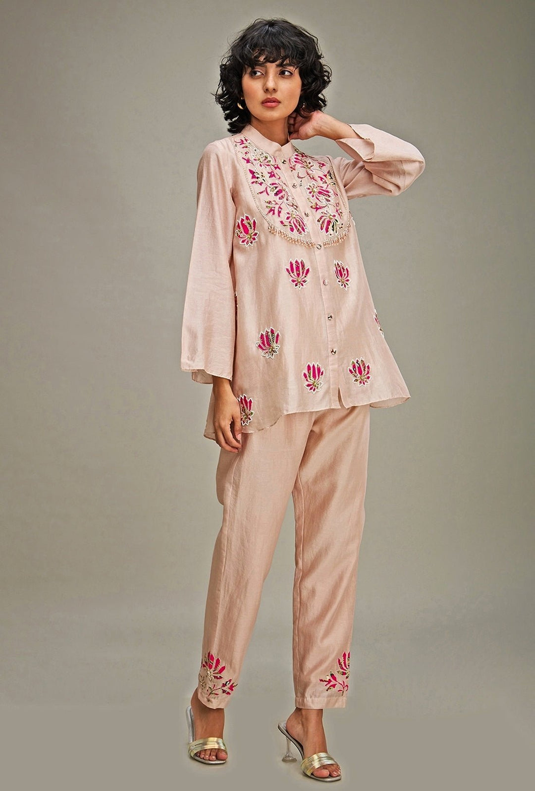 Beige Lotus Applique And Embroidery Chanderi Co Ord Set Soup By Sougat Paul - Fabilicious Fashion
