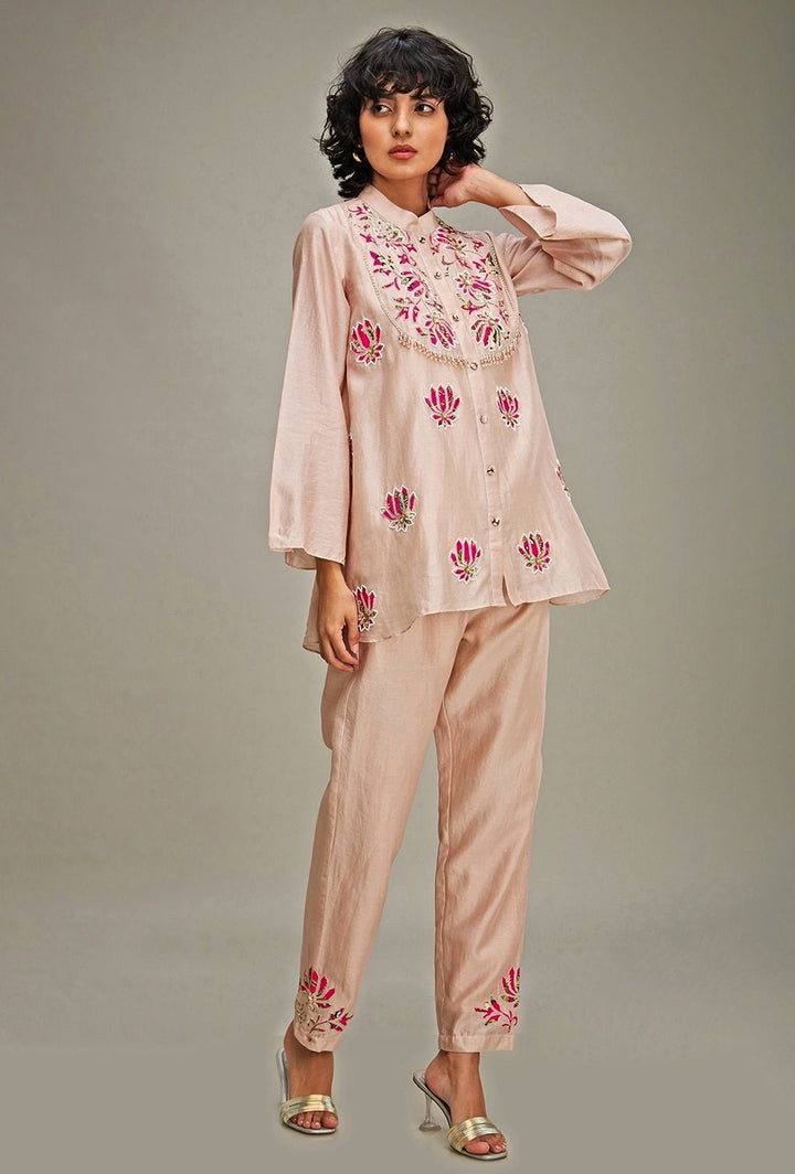 Beige Lotus Applique And Embroidery Chanderi Co Ord Set Soup By Sougat Paul - Fabilicious Fashion