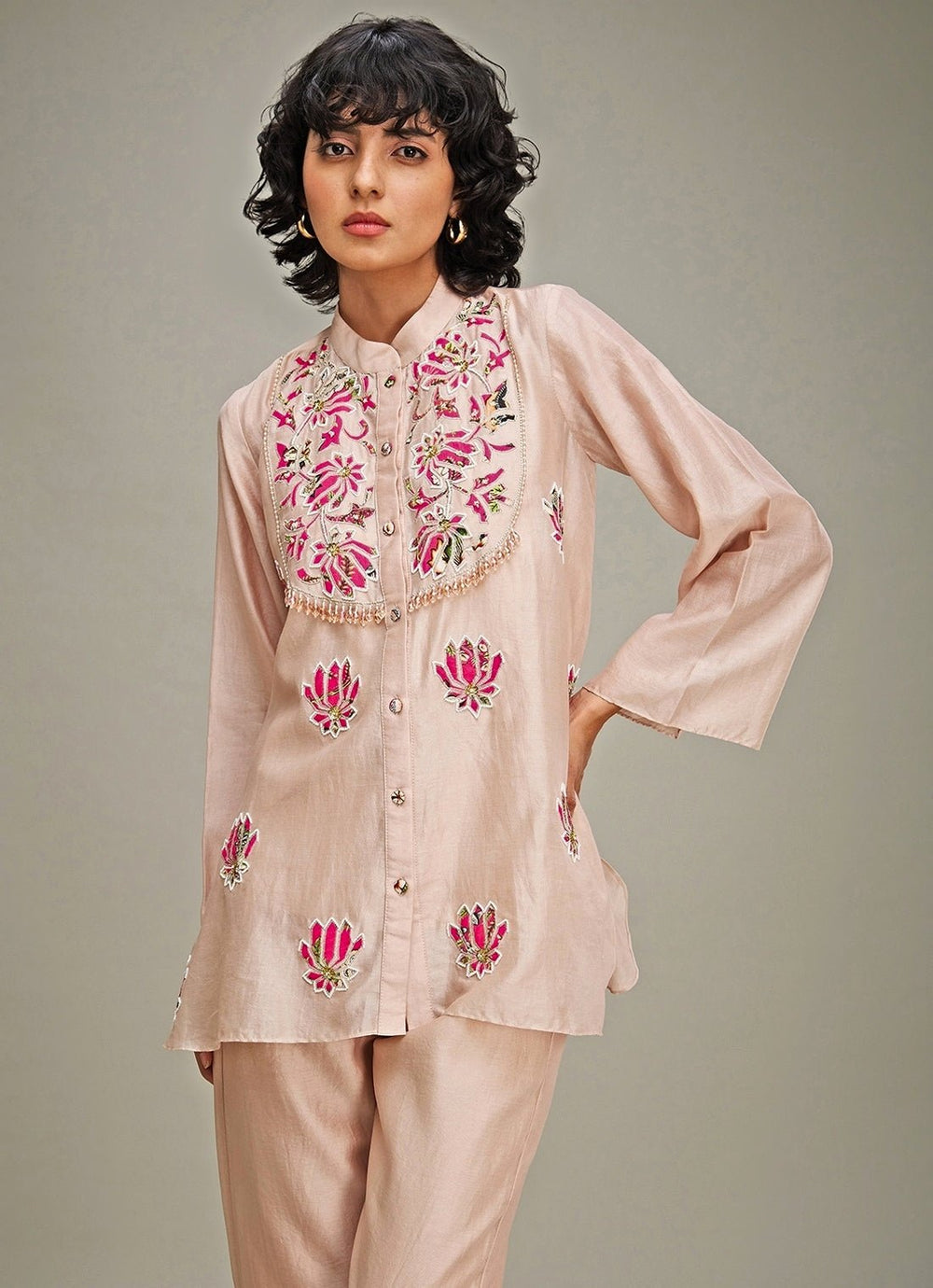 Beige Lotus Applique And Embroidery Chanderi Co Ord Set Soup By Sougat Paul - Fabilicious Fashion