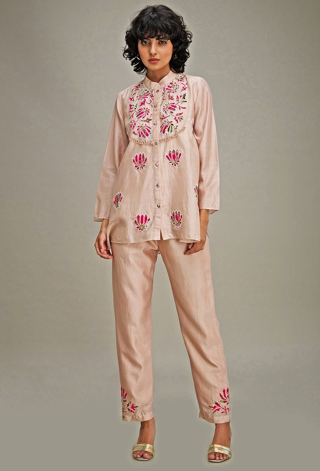 Beige Lotus Applique And Embroidery Chanderi Co Ord Set Soup By Sougat Paul - Fabilicious Fashion