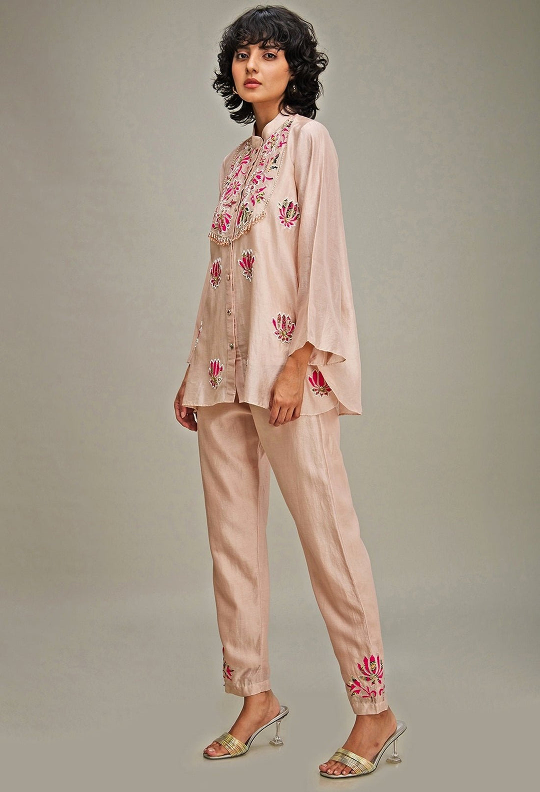 Beige Lotus Applique And Embroidery Chanderi Co Ord Set Soup By Sougat Paul - Fabilicious Fashion