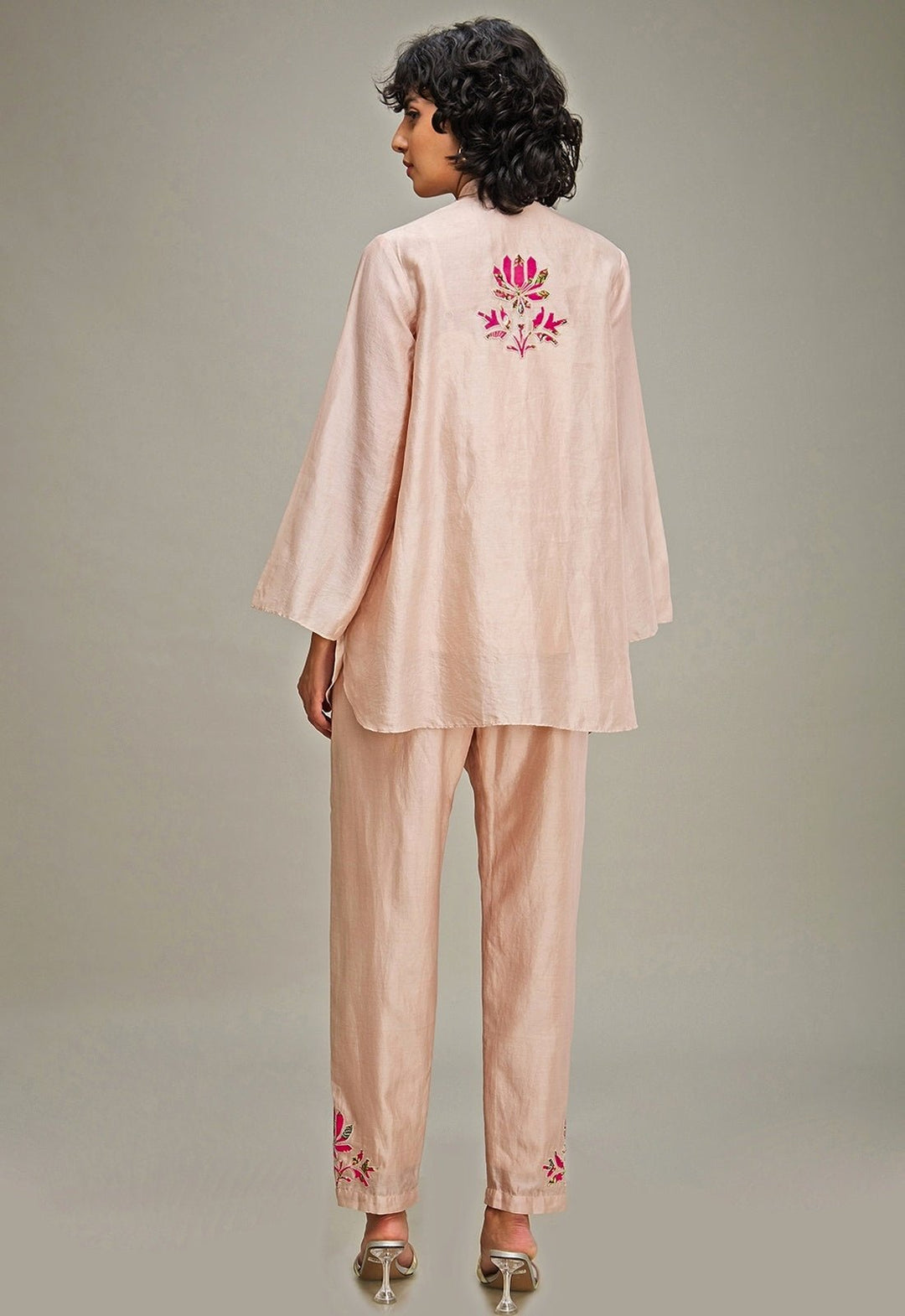 Beige Lotus Applique And Embroidery Chanderi Co Ord Set Soup By Sougat Paul - Fabilicious Fashion