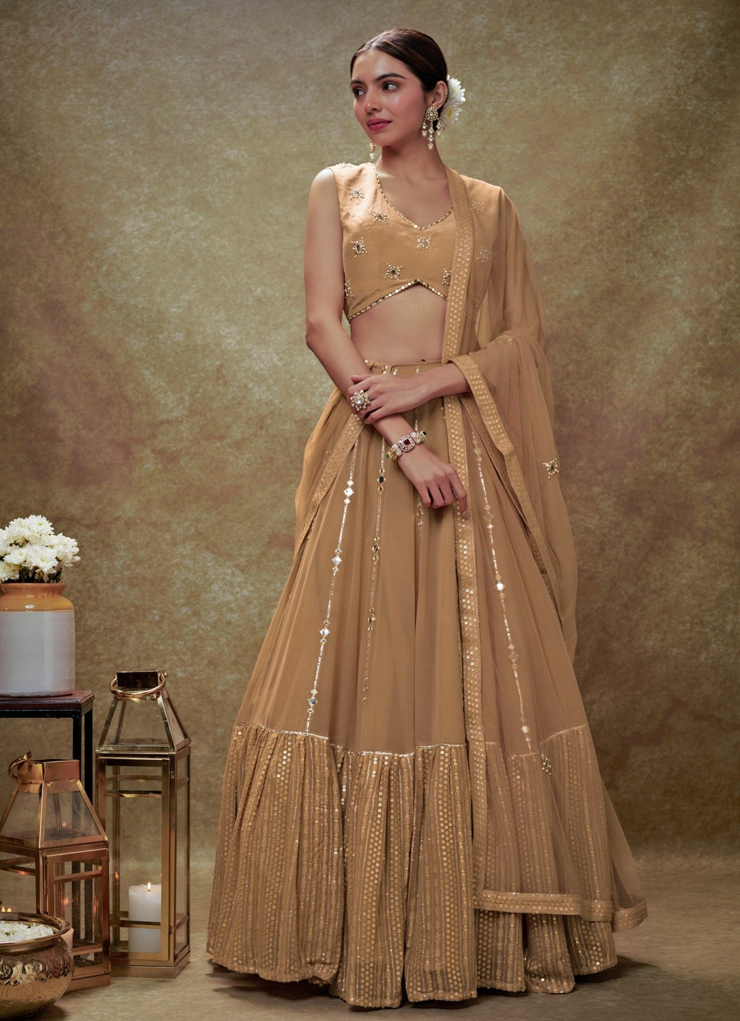 Beige Mirror and Sequin Embroidered Lehenga Set Renee Label - Fabilicious Fashion