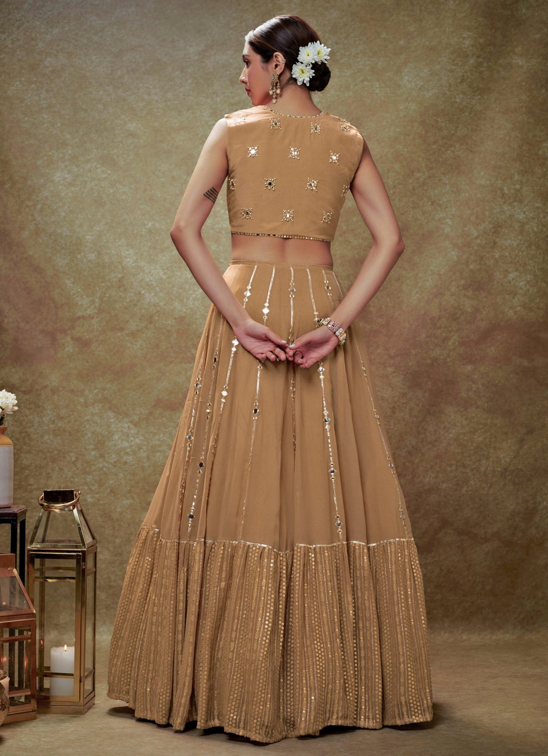 Beige Mirror and Sequin Embroidered Lehenga Set Renee Label - Fabilicious Fashion