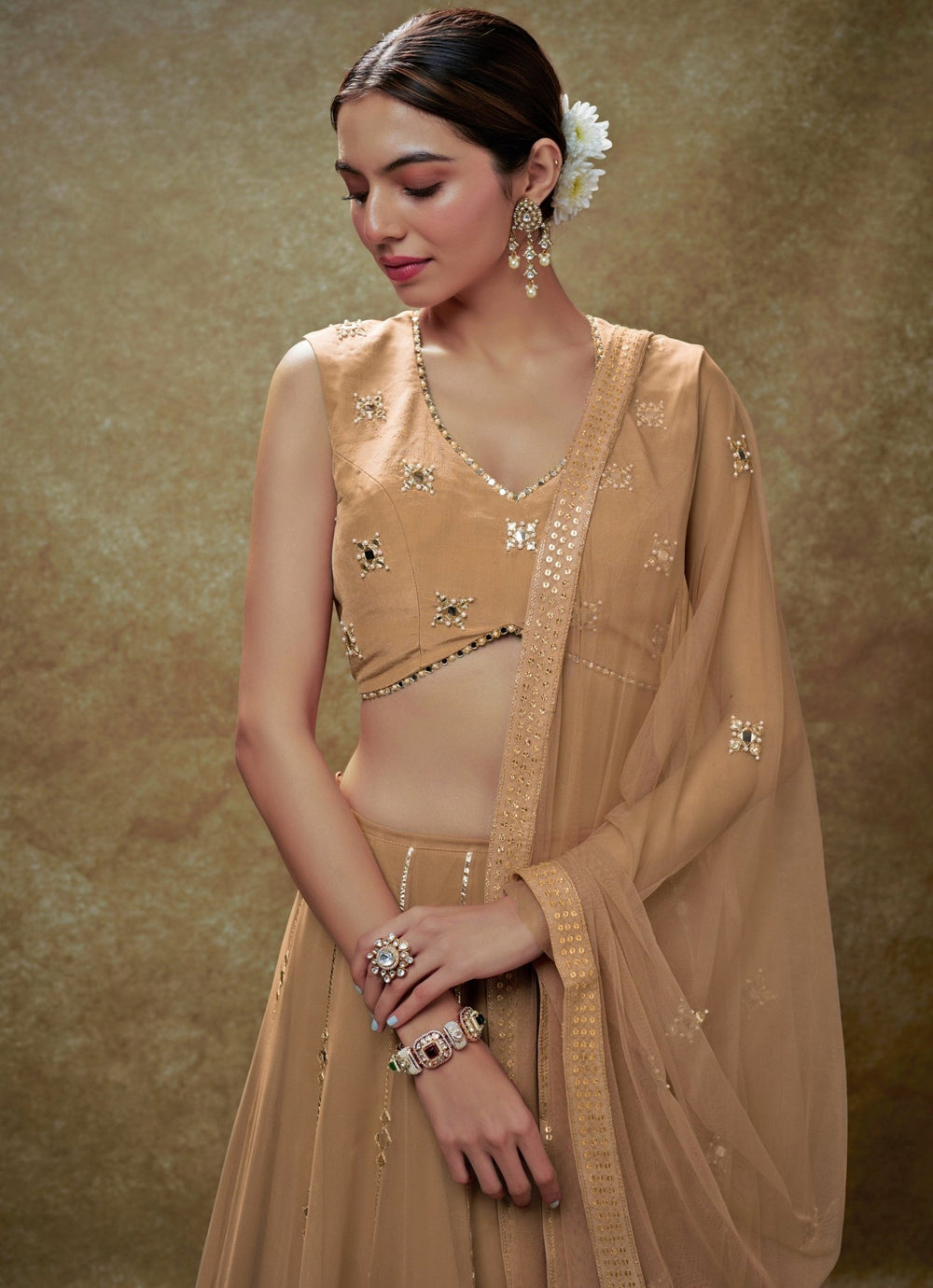 Beige Mirror and Sequin Embroidered Lehenga Set Renee Label - Fabilicious Fashion
