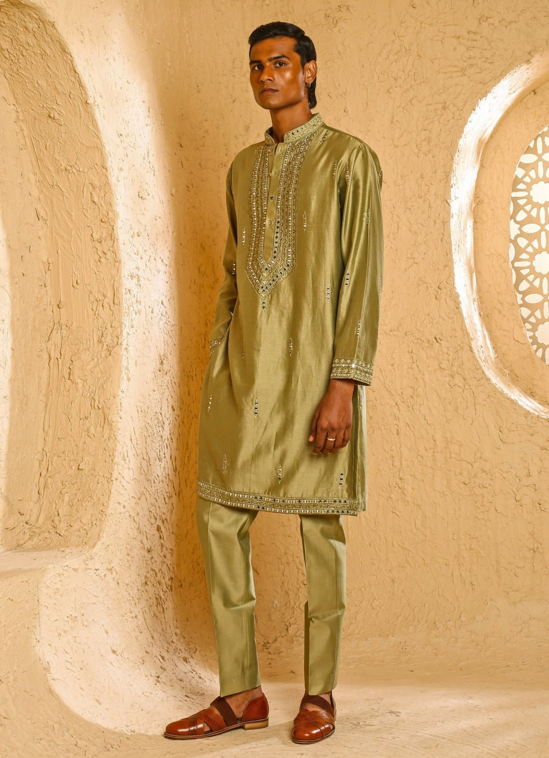 Beige Mirror Embroidered Chanderi Kurta Set Chatenya Mittal - Fabilicious Fashion