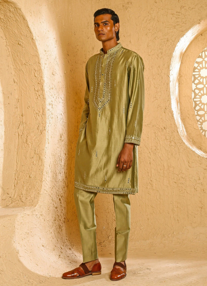 Beige Mirror Embroidered Chanderi Kurta Set Chatenya Mittal - Fabilicious Fashion