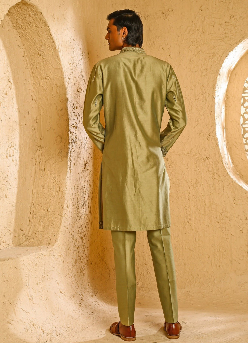 Beige Mirror Embroidered Chanderi Kurta Set Chatenya Mittal - Fabilicious Fashion