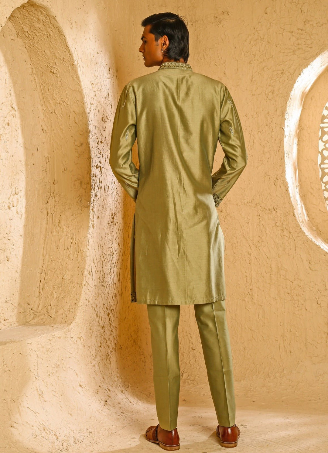 Beige Mirror Embroidered Chanderi Kurta Set Chatenya Mittal - Fabilicious Fashion