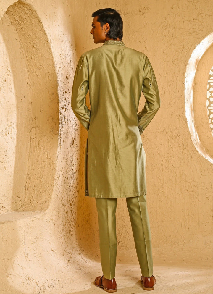 Beige Mirror Embroidered Chanderi Kurta Set Chatenya Mittal - Fabilicious Fashion