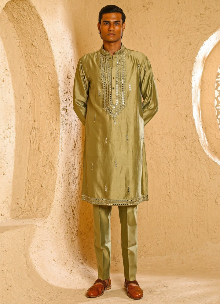 Beige Mirror Embroidered Chanderi Kurta Set Chatenya Mittal - Fabilicious Fashion