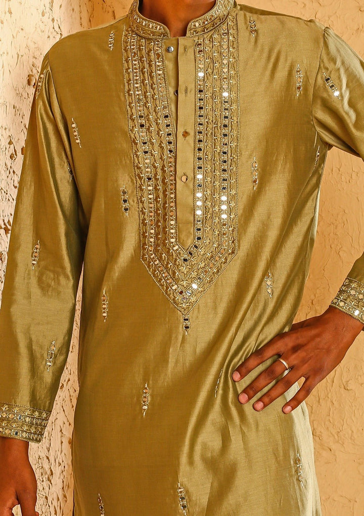 Beige Mirror Embroidered Chanderi Kurta Set Chatenya Mittal - Fabilicious Fashion