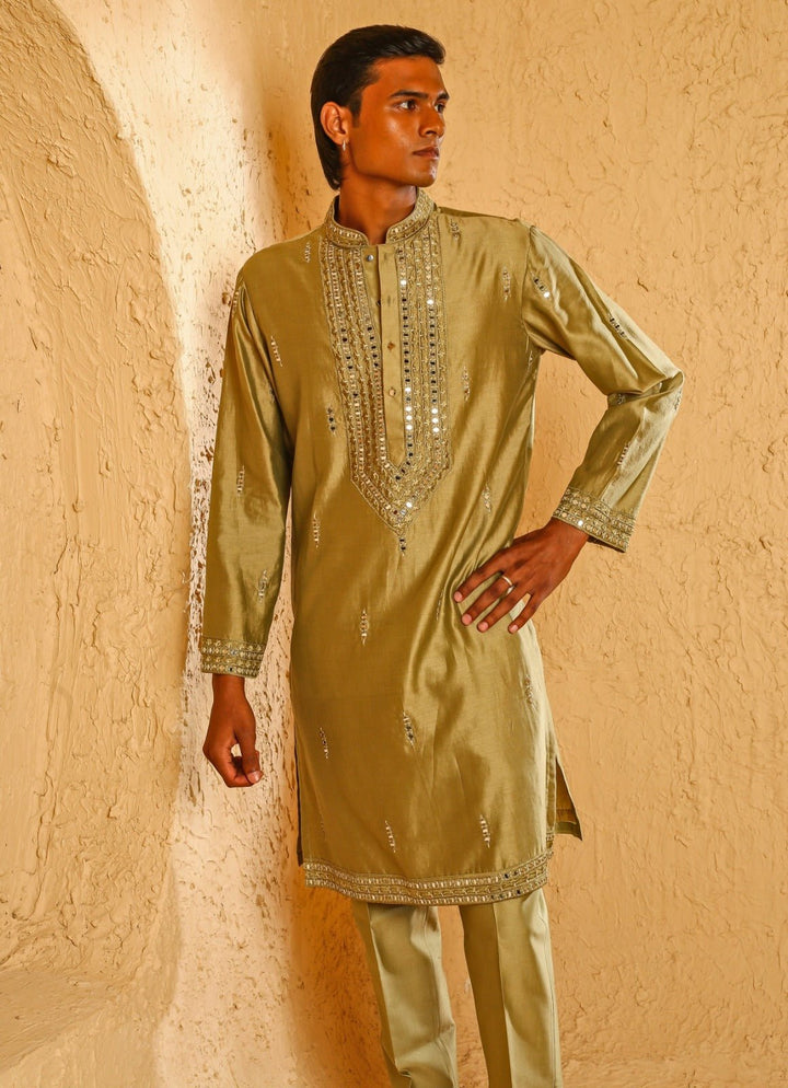 Beige Mirror Embroidered Chanderi Kurta Set Chatenya Mittal - Fabilicious Fashion