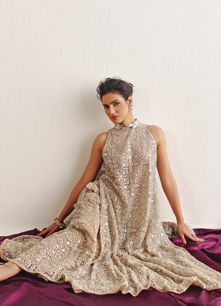 Beige Mirrorwork Sharara Set With Floor Length Top Twenty Nine - Fabilicious Fashion