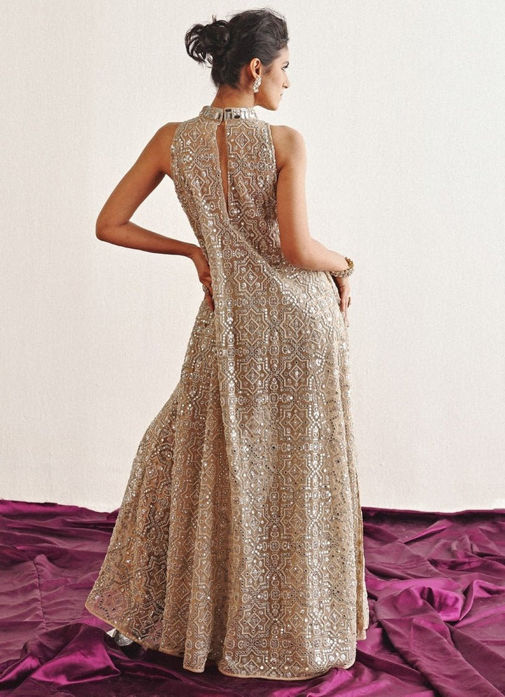 Beige Mirrorwork Sharara Set With Floor Length Top Twenty Nine - Fabilicious Fashion