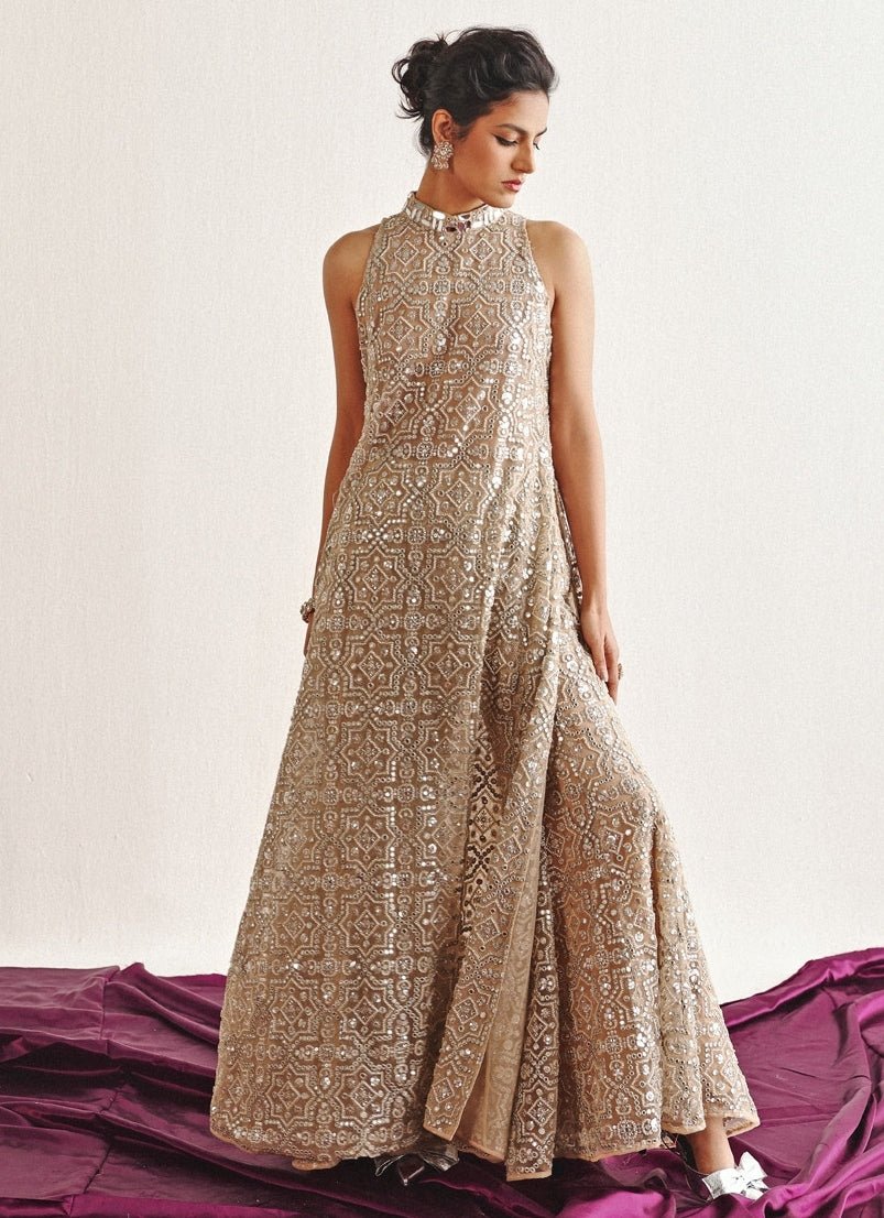 Beige Mirrorwork Sharara Set With Floor Length Top Twenty Nine - Fabilicious Fashion