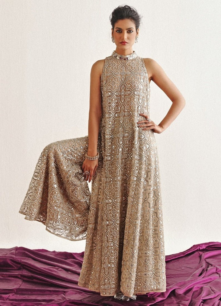 Beige Mirrorwork Sharara Set With Floor Length Top Twenty Nine - Fabilicious Fashion