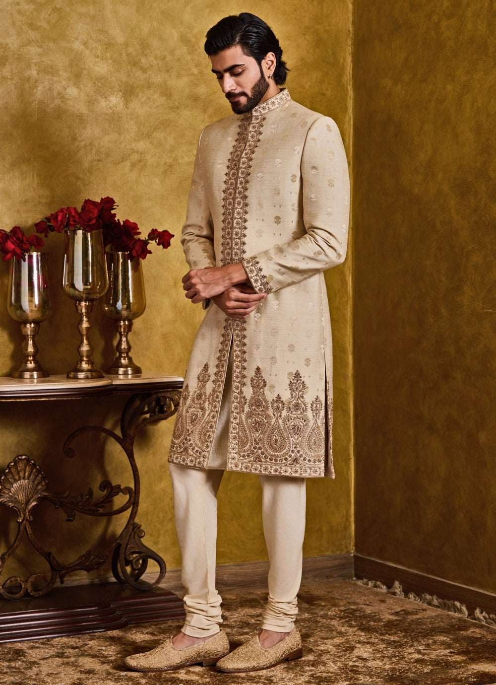 Beige Monga Tussar Sherwani Set Nitika Gujral - Men - Fabilicious Fashion