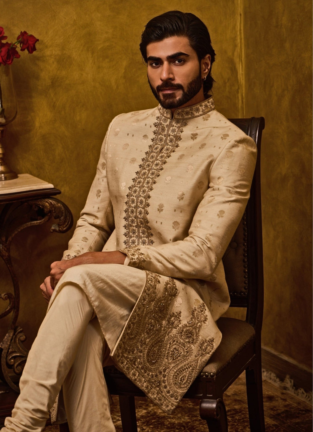 Beige Monga Tussar Sherwani Set Nitika Gujral - Men - Fabilicious Fashion