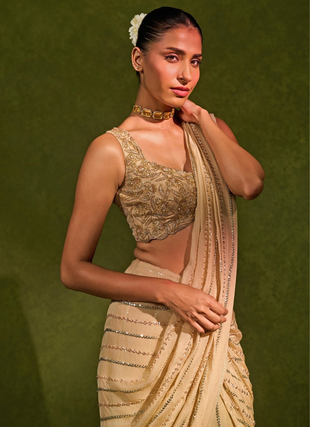 Beige Organza Pre - Draped Saree Chamee and Palak - Fabilicious Fashion