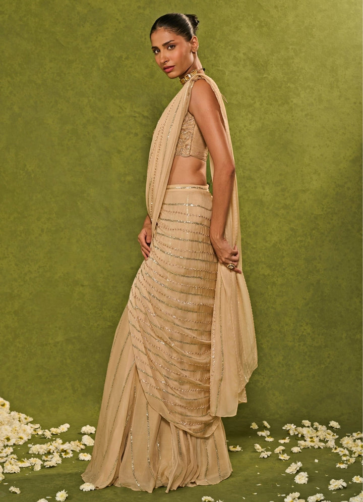 Beige Organza Pre - Draped Saree Chamee and Palak - Fabilicious Fashion
