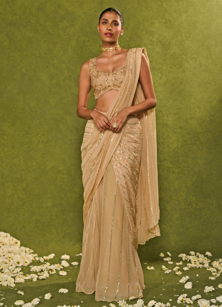 Beige Organza Pre - Draped Saree Chamee and Palak - Fabilicious Fashion