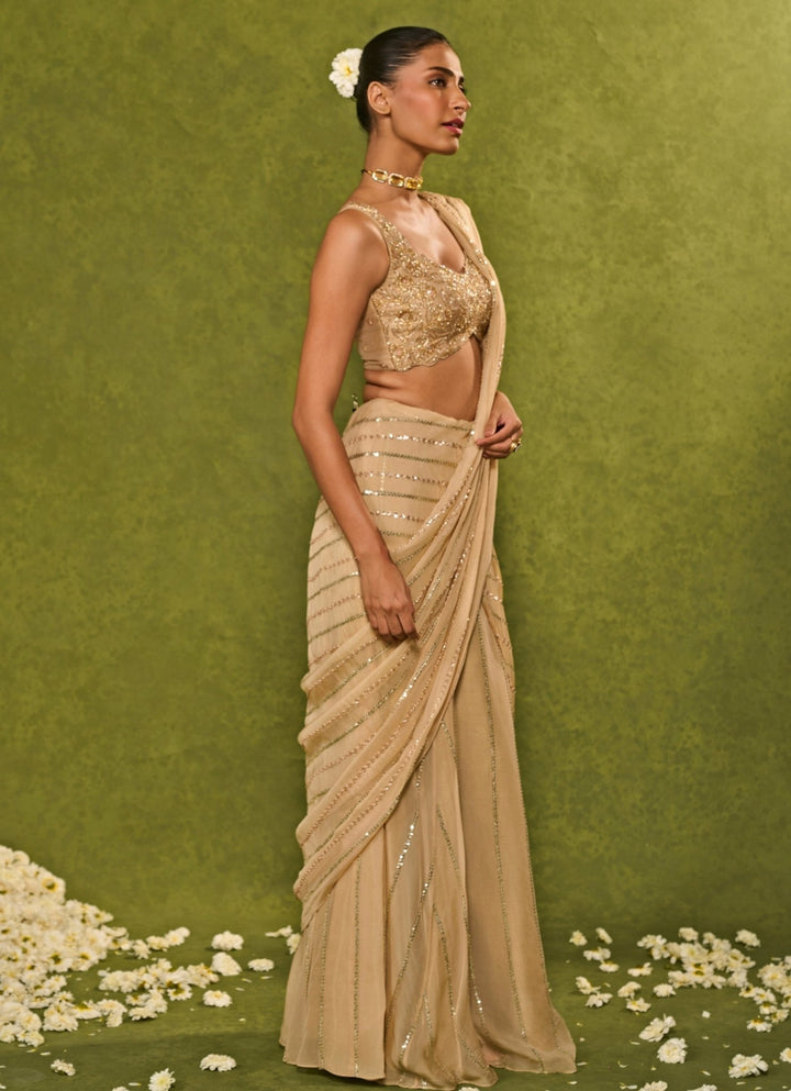 Beige Organza Pre - Draped Saree Chamee and Palak - Fabilicious Fashion