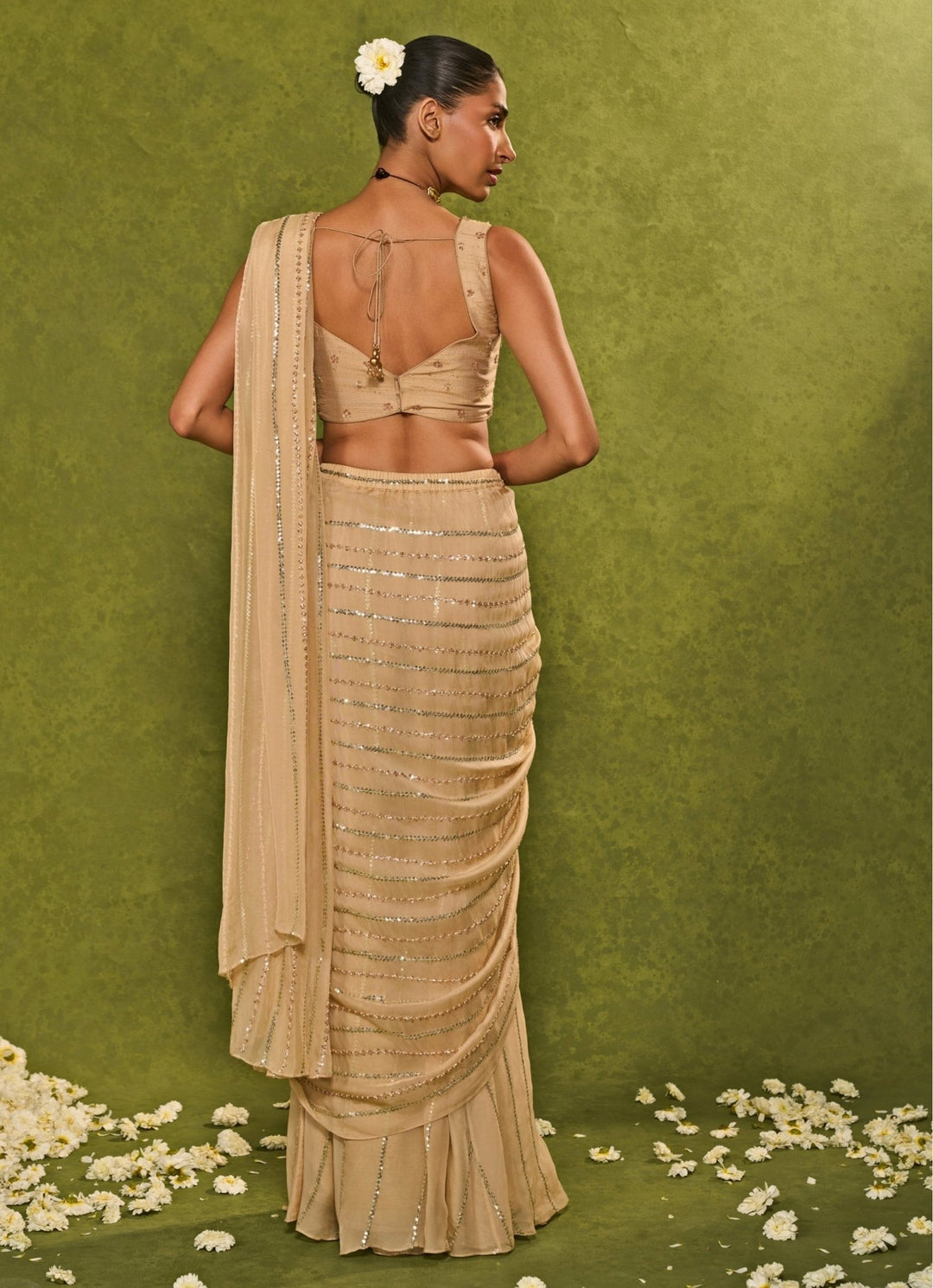 Beige Organza Pre - Draped Saree Chamee and Palak - Fabilicious Fashion