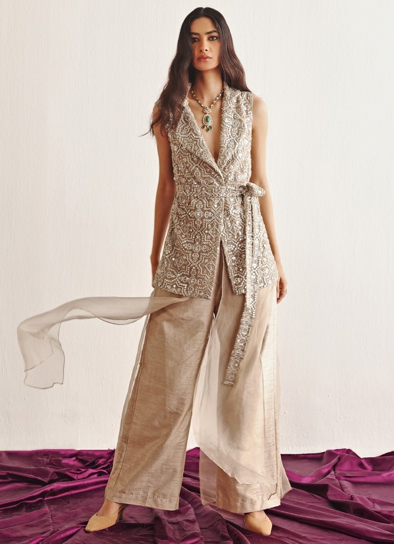 Beige Pant Set With Mirrorwork Blazer Twenty Nine - Fabilicious Fashion