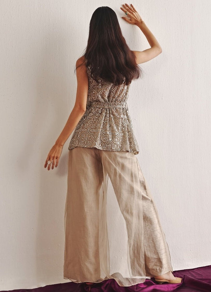 Beige Pant Set With Mirrorwork Blazer Twenty Nine - Fabilicious Fashion