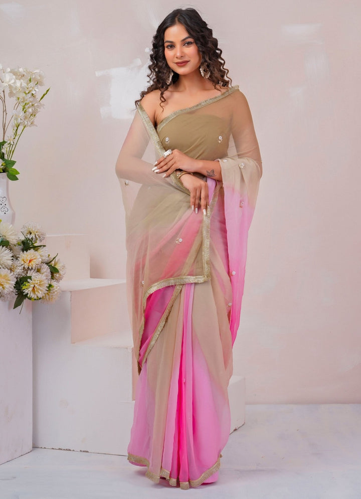 Geroo Jaipur Beige &amp; Pink Shaded Chiffon SareeFabilicious Fashion