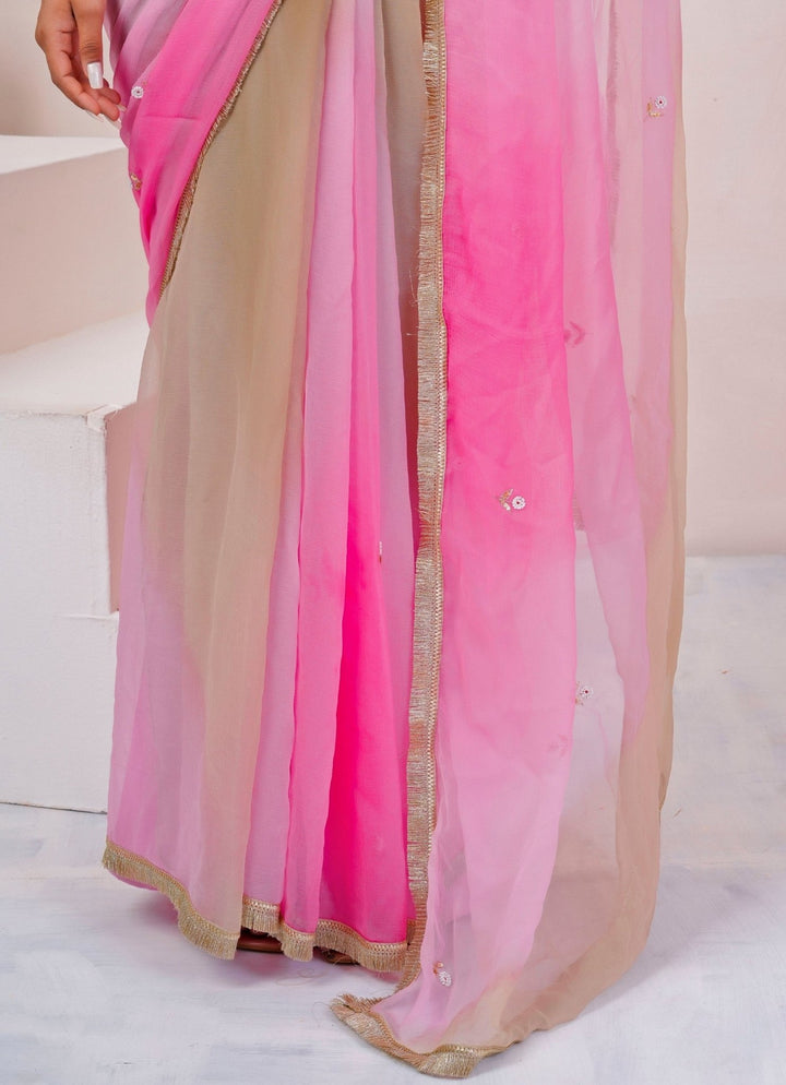 Geroo Jaipur Beige &amp; Pink Shaded Chiffon SareeFabilicious Fashion