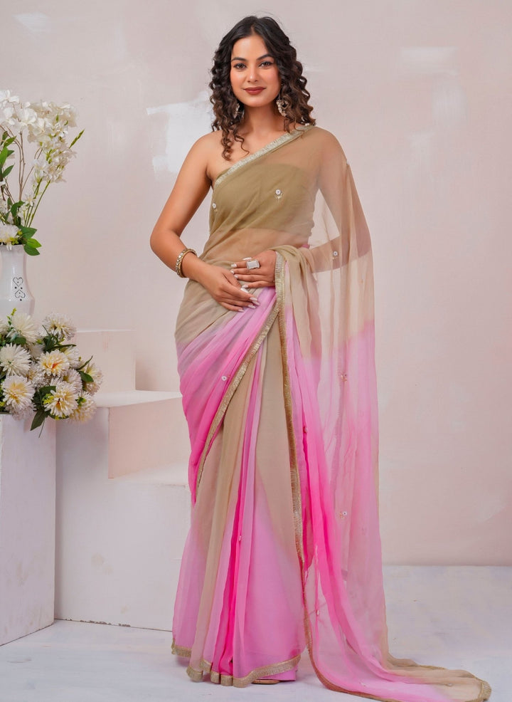 Geroo Jaipur Beige &amp; Pink Shaded Chiffon SareeFabilicious Fashion