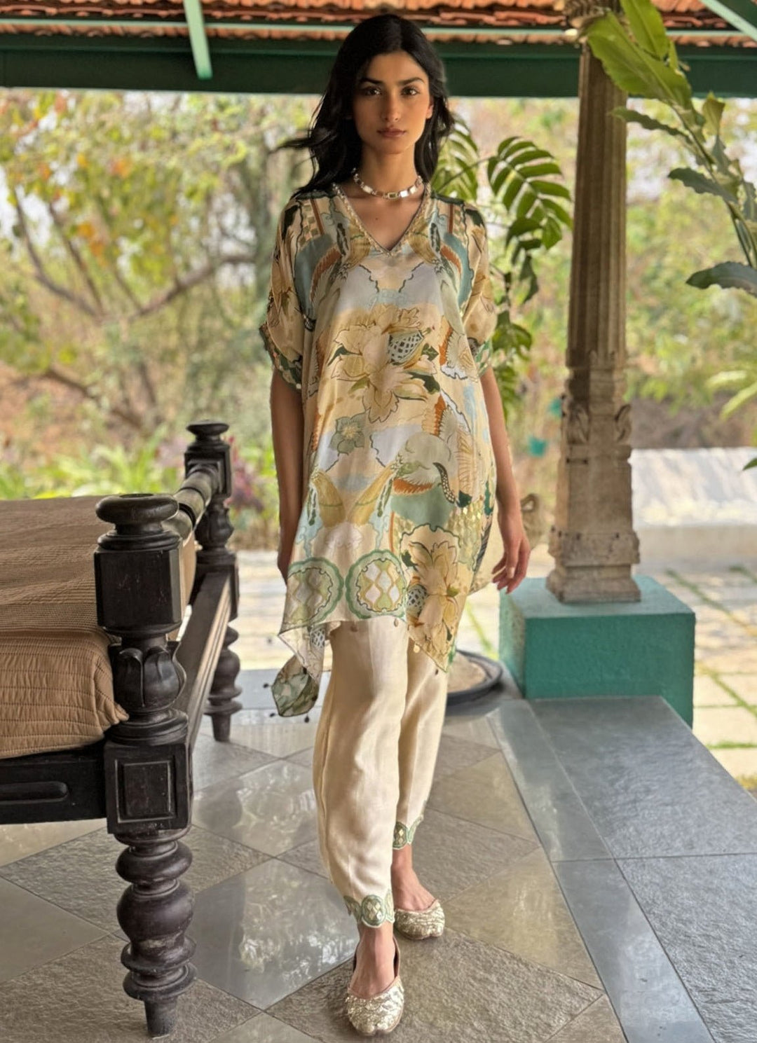 Beige Printed Asymmetrical Kurta Pant Set Basil Leaf - Fabilicious Fashion