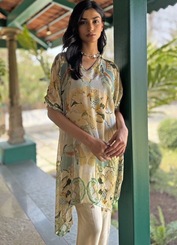 Beige Printed Asymmetrical Kurta Pant Set Basil Leaf - Fabilicious Fashion