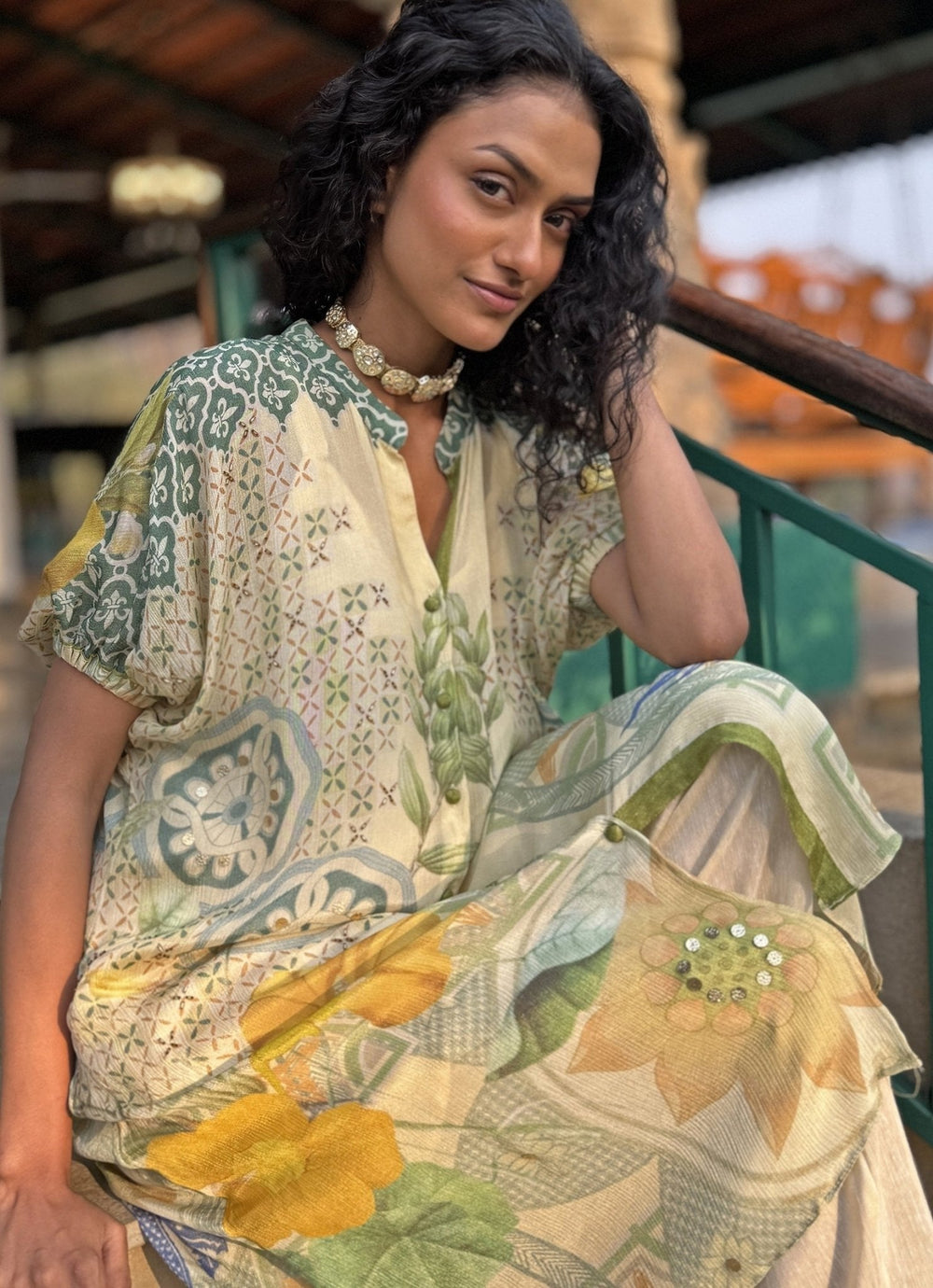 Beige Printed Asymmetrical Kurta Pant Set Basil Leaf - Fabilicious Fashion