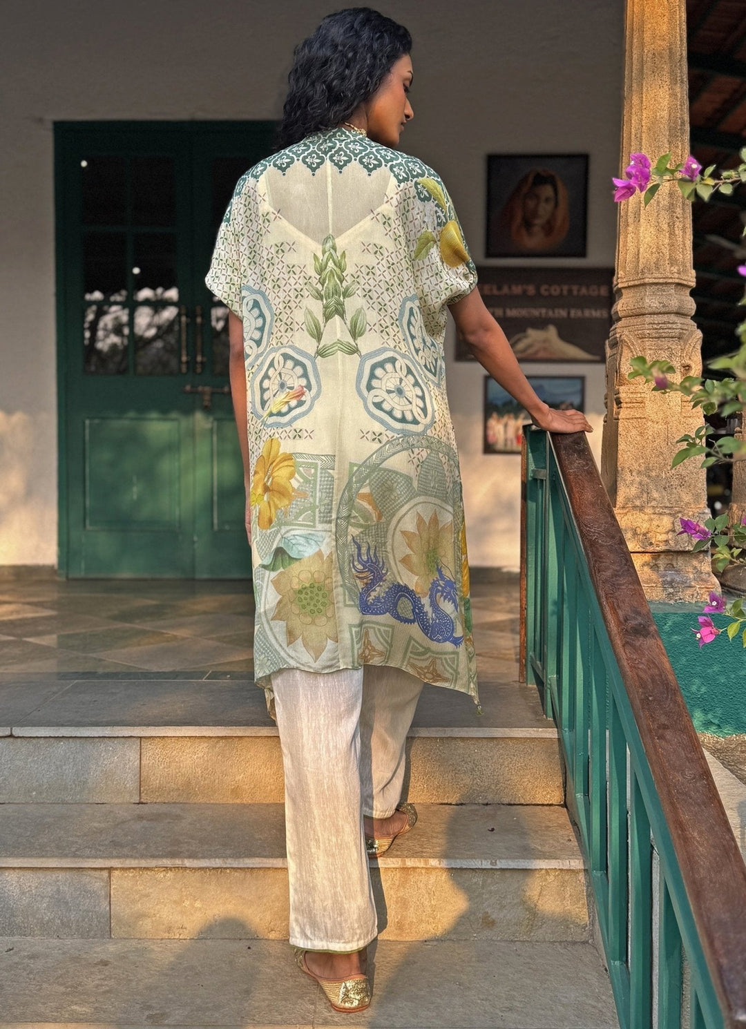 Beige Printed Asymmetrical Kurta Pant Set Basil Leaf - Fabilicious Fashion