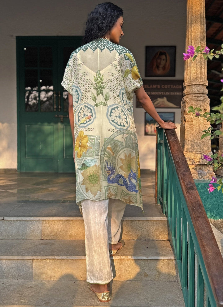 Beige Printed Asymmetrical Kurta Pant Set Basil Leaf - Fabilicious Fashion