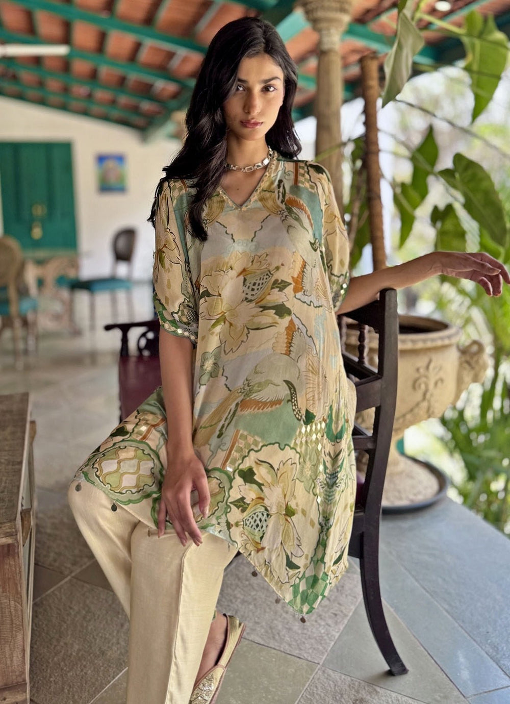 Beige Printed Asymmetrical Kurta Pant Set Basil Leaf - Fabilicious Fashion