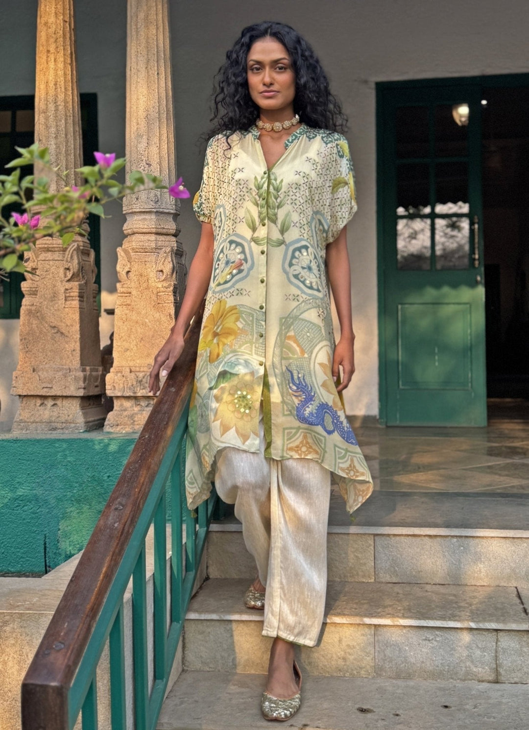 Beige Printed Asymmetrical Kurta Pant Set Basil Leaf - Fabilicious Fashion