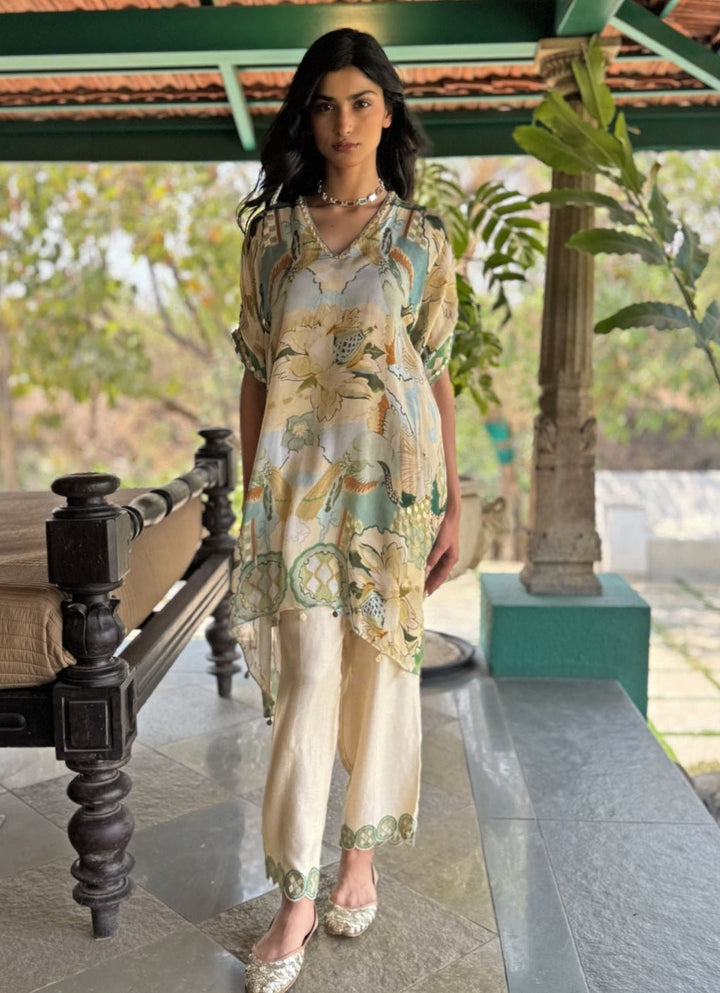 Beige Printed Asymmetrical Kurta Pant Set Basil Leaf - Fabilicious Fashion