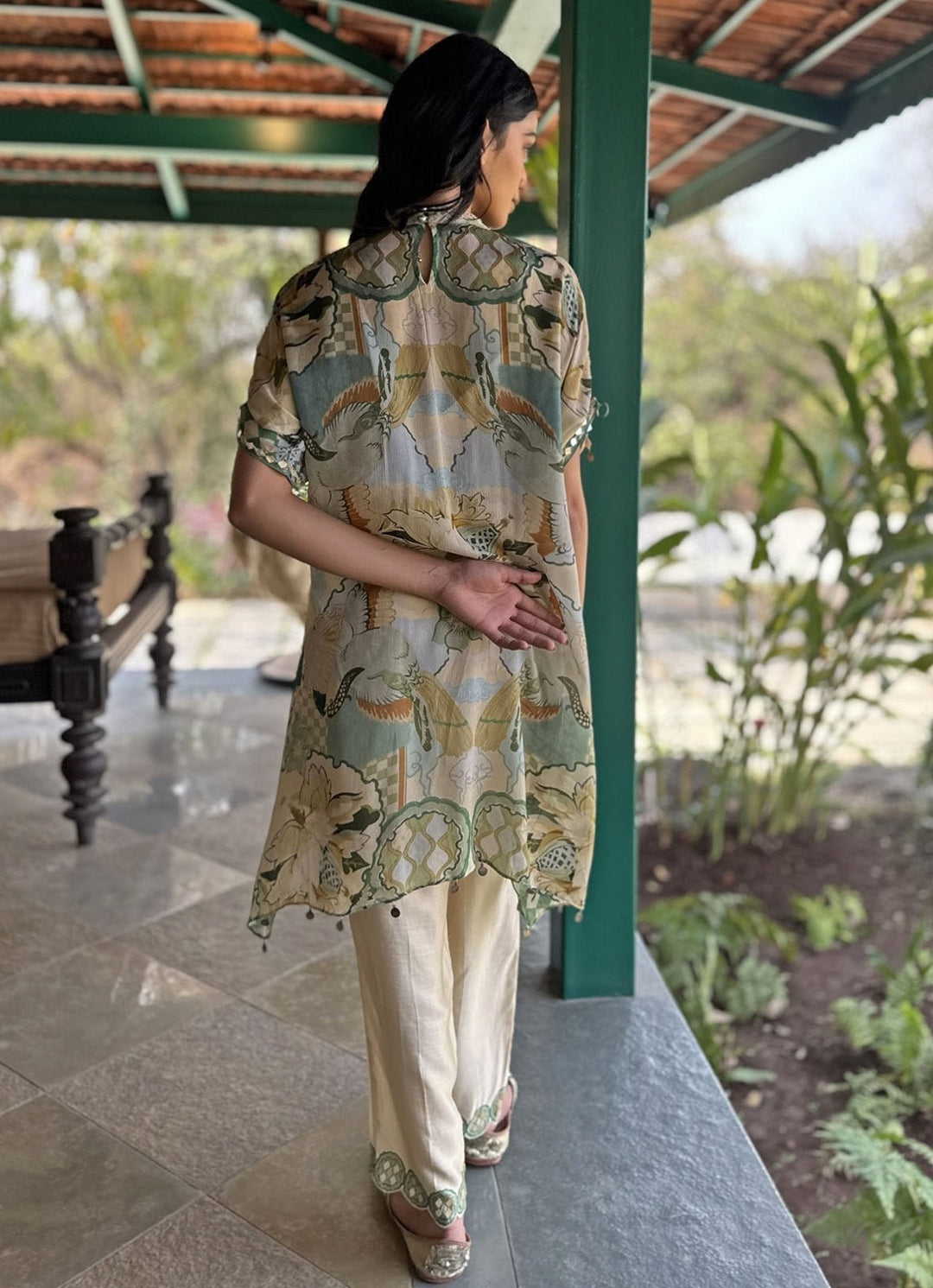 Beige Printed Asymmetrical Kurta Pant Set Basil Leaf - Fabilicious Fashion