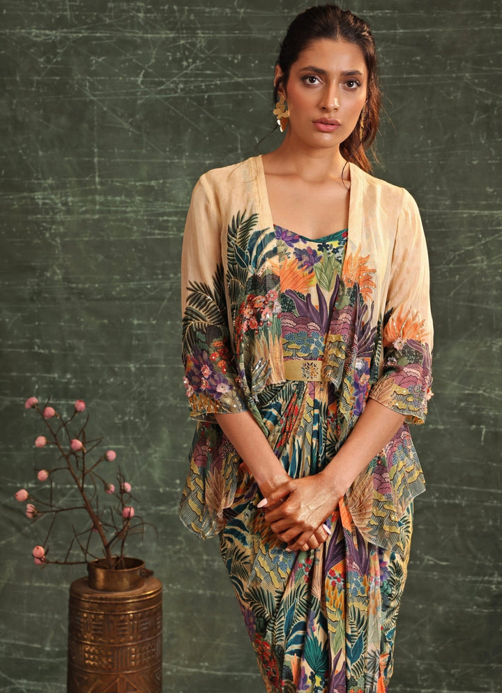 Beige Printed Crepe Draped Dress With Jacket Soup By Sougat Paul - Fabilicious Fashion