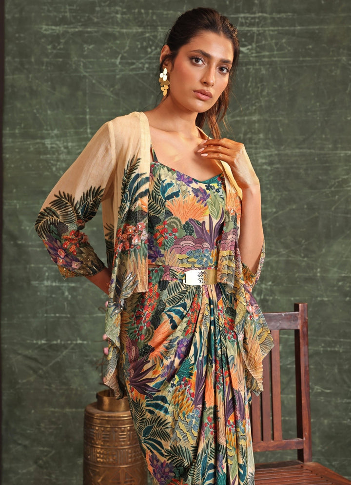 Beige Printed Crepe Draped Dress With Jacket Soup By Sougat Paul - Fabilicious Fashion